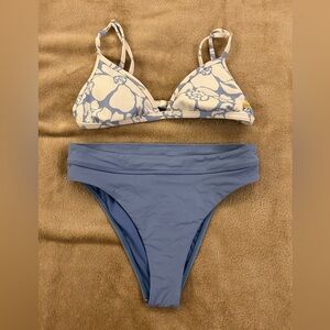 Billabong Light Blue Floral Ribbed Triangle Bikini Top with Solid Blue Bottom